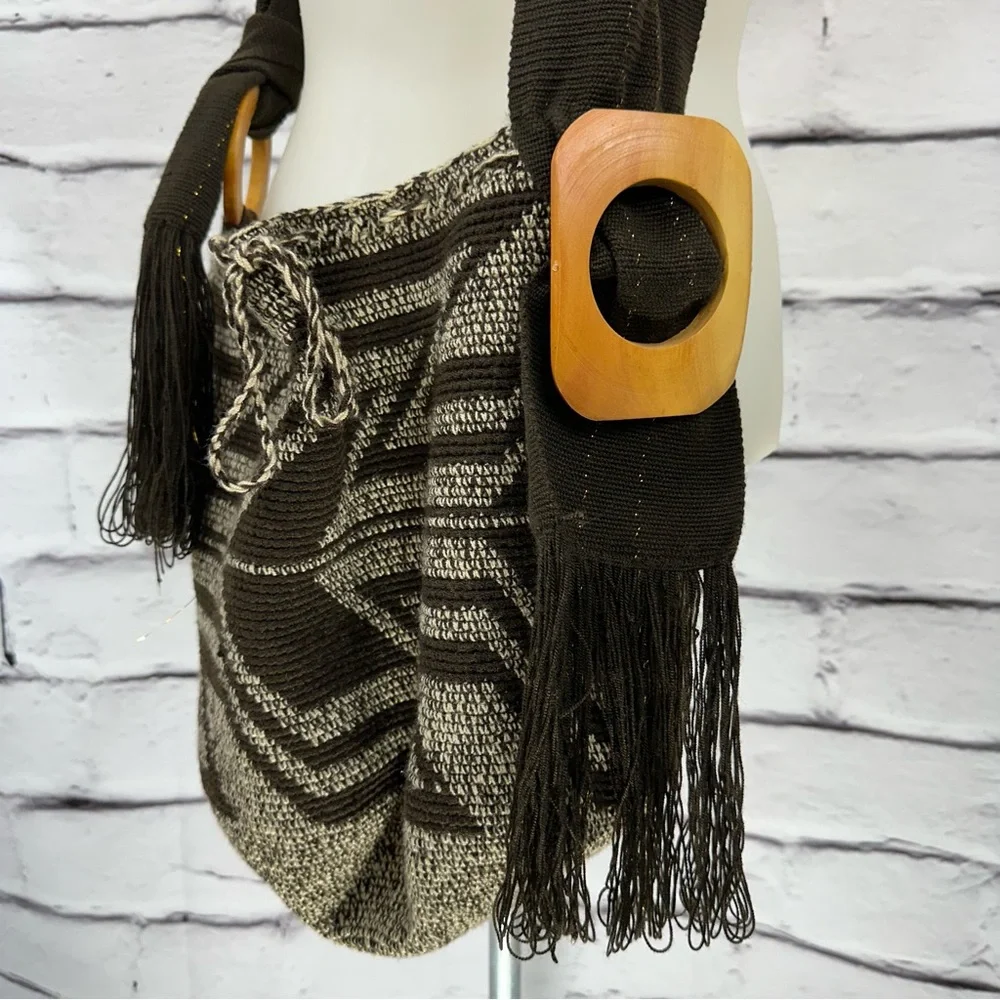 HIPPIE Bucket Bag 16X12x9 Brown Geometric 20”AdjStrap Woven Drawstring Y2K